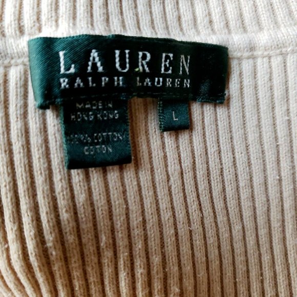 Lauren Ralph Lauren Size L Beige Turtleneck Sweater 100% Cotton Ribbed Logo - Picture 11 of 12